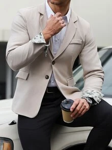 Manfinity Mode Men's Solid Color Notched Collar Single-Breasted Casual Versatile Commuting Office Long Sleeve Suit Blazer, Formal - Beige - View 5