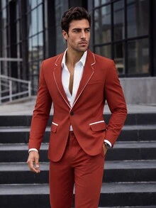 Calvornis Men's Business Casual Waffle Design Fabric Long Sleeve Blazer & Pants Suit Set - Redwood - View 1