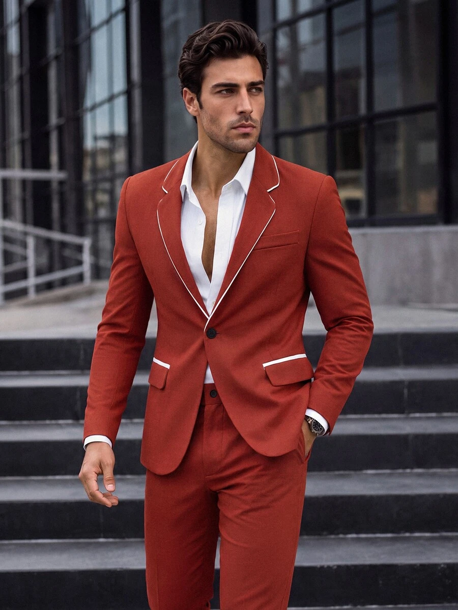 Calvornis Men's Business Casual Waffle Design Fabric Long Sleeve Blazer & Pants Suit Set - Redwood - View 1