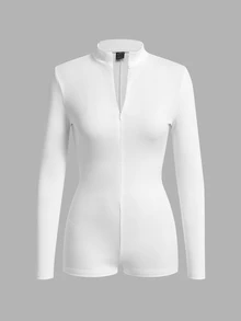 Slaydiva Casual White Ribed-Knit Long Sleeve Zipper Front Unitard Airport Outfit Jumpsuit - White - View 3