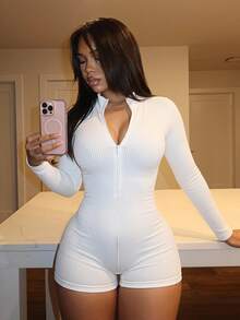 Slaydiva Casual White Ribed-Knit Long Sleeve Zipper Front Unitard Airport Outfit Jumpsuit - White - View 2