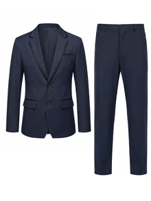 Manfinity Mode Men's Colorblock Lapel Neck Long Sleeve Blazer And Trousers Suit Set, Formal, Old Money - Navy Blue - View 3