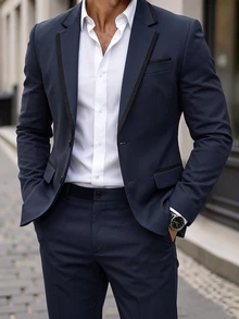 Manfinity Mode Men's Colorblock Lapel Neck Long Sleeve Blazer And Trousers Suit Set, Formal, Old Money - Navy Blue - View 2