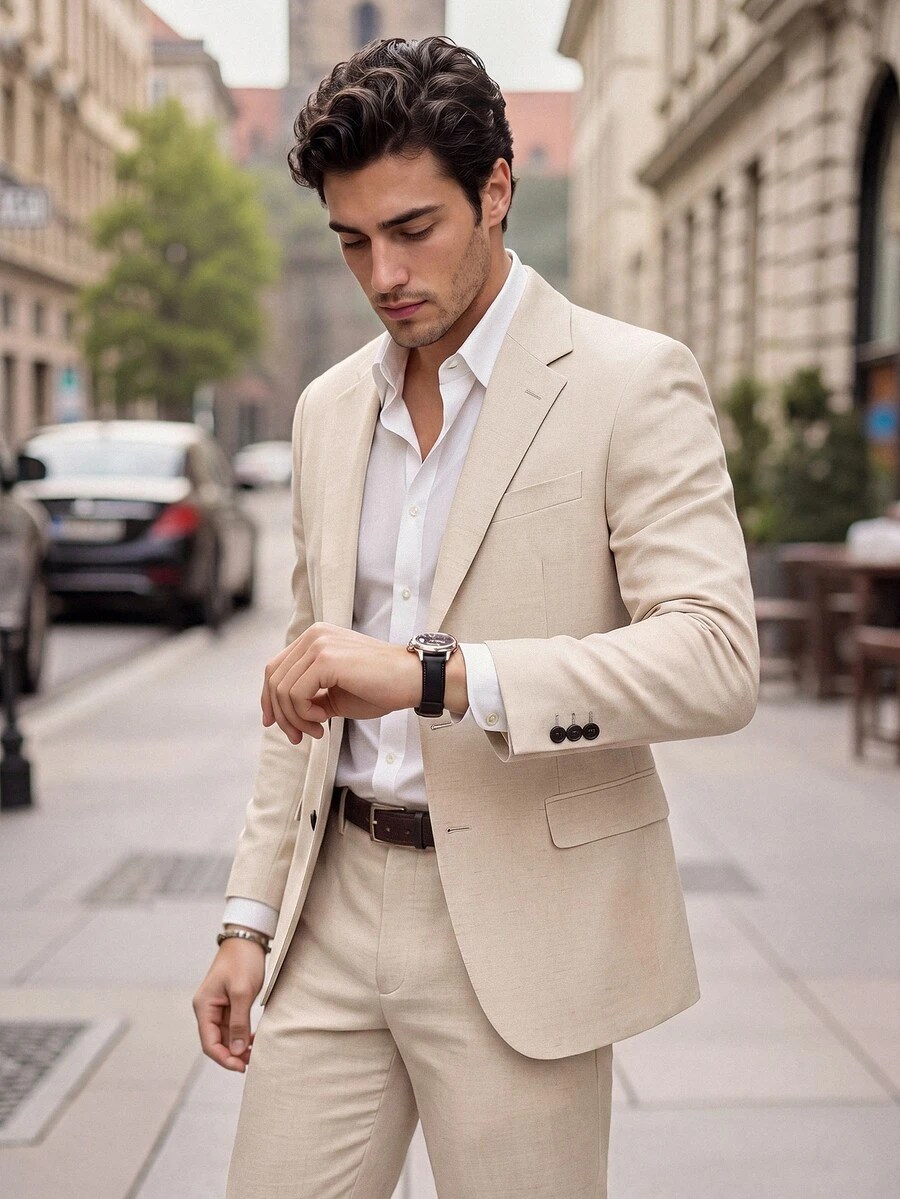 Manfinity Mode Men's Business Commute Lapel Collar Single-Breasted Suit Jacket And Pants Set, Ceremony, Formal - Apricot - View 1