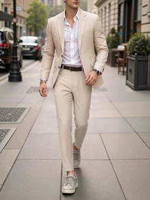Manfinity Mode Men's Business Commute Lapel Collar Single-Breasted Suit Jacket And Pants Set, Ceremony, Formal - Apricot - View 3