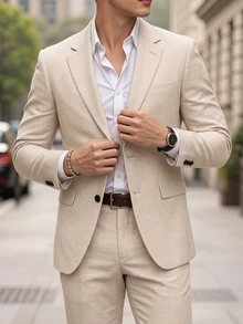 Manfinity Mode Men's Business Commute Lapel Collar Single-Breasted Suit Jacket And Pants Set, Ceremony, Formal - Apricot - View 5