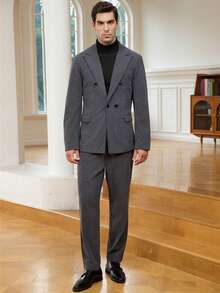 Manfinity Mode Conjunto de traje de hombre de pana gris, estilo casual de negocios - Gris Oscuro - Ver 4
