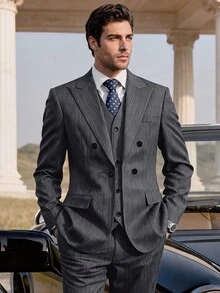 Manfinity Mode Conjunto de traje de hombre de pana gris, estilo casual de negocios - Gris Oscuro - Ver 1