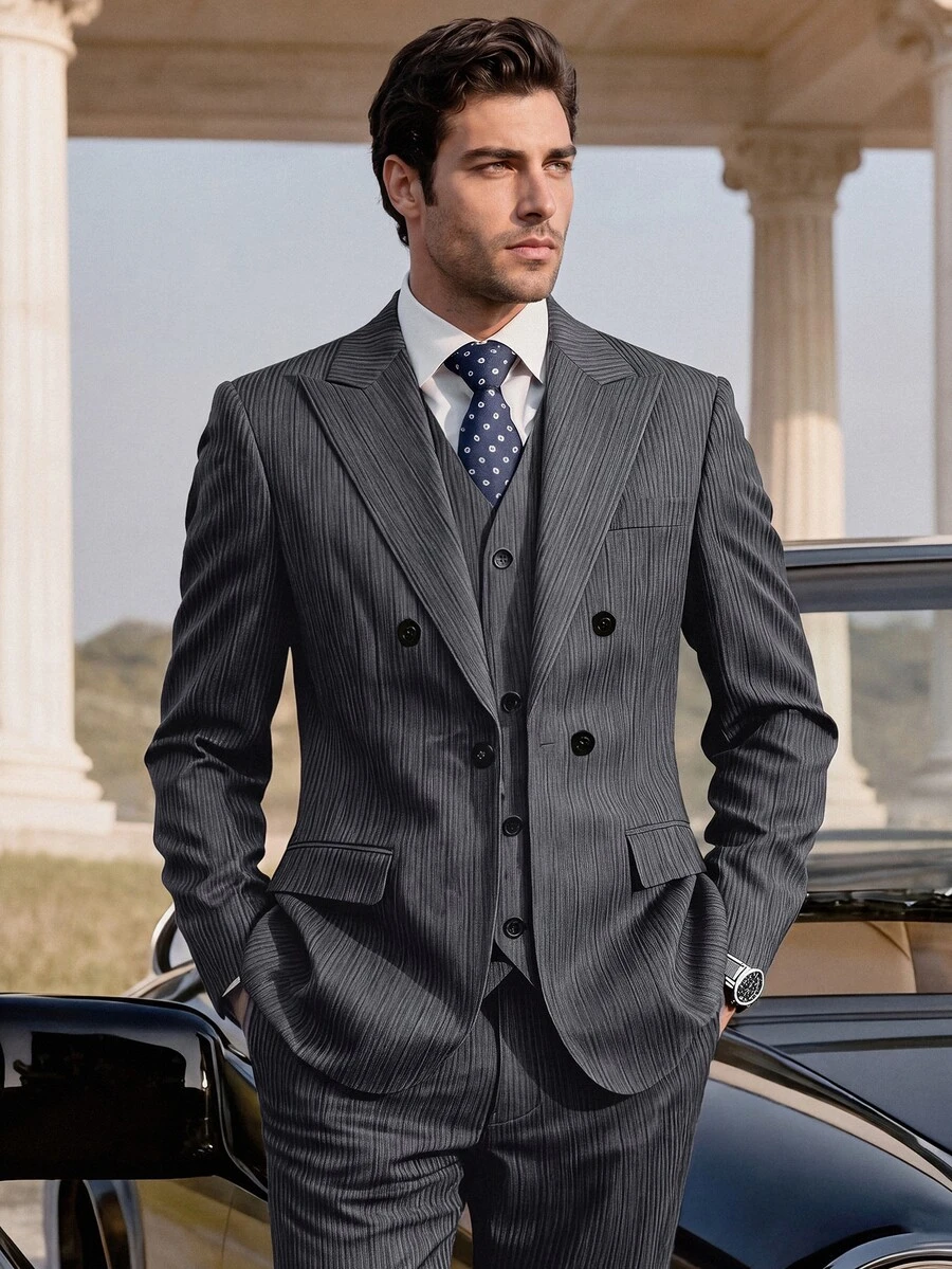 Manfinity Mode Conjunto de traje de hombre de pana gris, estilo casual de negocios - Gris Oscuro - Ver 1