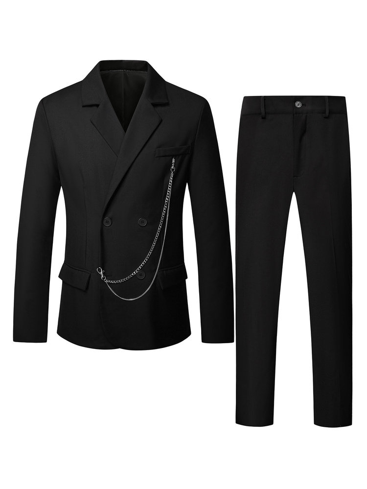 Manfinity Mode Men's Chain Decor Double Breasted Suit Set, Jacket And Pants,Blue Suit Set. - Black - View 4