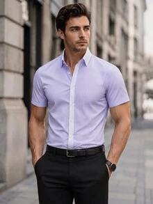 Manfinity Mode Camisa de manga corta para hombre estilo business casual con patchwork de rayas de color claro & unicolor - Púrpura malva - Ver 1