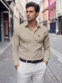 Manfinity Mode Men's Knight Print Long Sleeve Casual Shirt, Spring Autumn, Khaki Shirts For Men, Light Brown Shirt Men, For Fall - Khaki - View 1