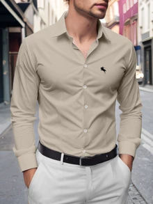 Manfinity Mode Men's Knight Print Long Sleeve Casual Shirt, Spring Autumn, Khaki Shirts For Men, Light Brown Shirt Men, For Fall - Khaki - View 2