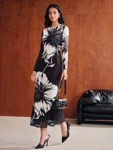Anewsta Autumn/Winter New Elegant Fashion Outdoor Date Holiday Party Positioning Print Long Dress For Women - Black - View 1