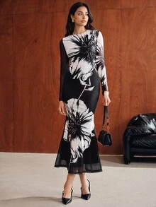 Anewsta Autumn/Winter New Elegant Fashion Outdoor Date Holiday Party Positioning Print Long Dress For Women - Black - View 6