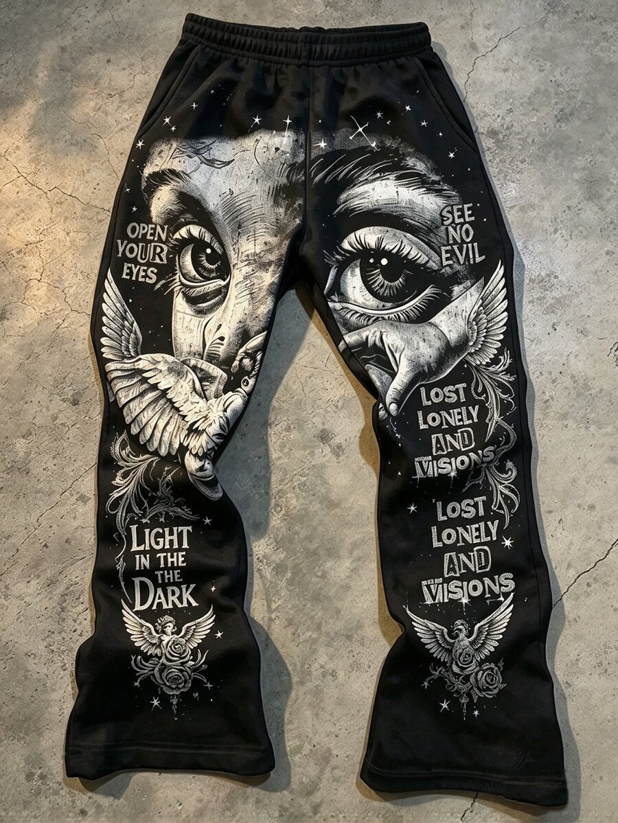 Manfinity Dauomo Men's American Dark Gothic Portrait Print Sweatpants, Vintage Angel Eye Graffiti Elastic Waist Casual Long Pants Halloween Date Night Beach Black - Multicolor - View 1