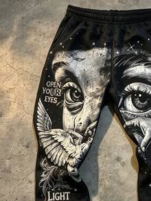 Manfinity Dauomo Men's American Dark Gothic Portrait Print Sweatpants, Vintage Angel Eye Graffiti Elastic Waist Casual Long Pants Halloween Date Night Beach Black - Multicolor - View 4