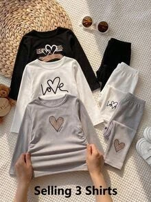SHEIN Kids Young Girl 3pcs Knit Heart Pattern Long Sleeve Cropped Top, Women's Fitted Side Ruched Cropped T-Shirt, Multi-Color Set Casual Innerwear - Multicolor - View 1