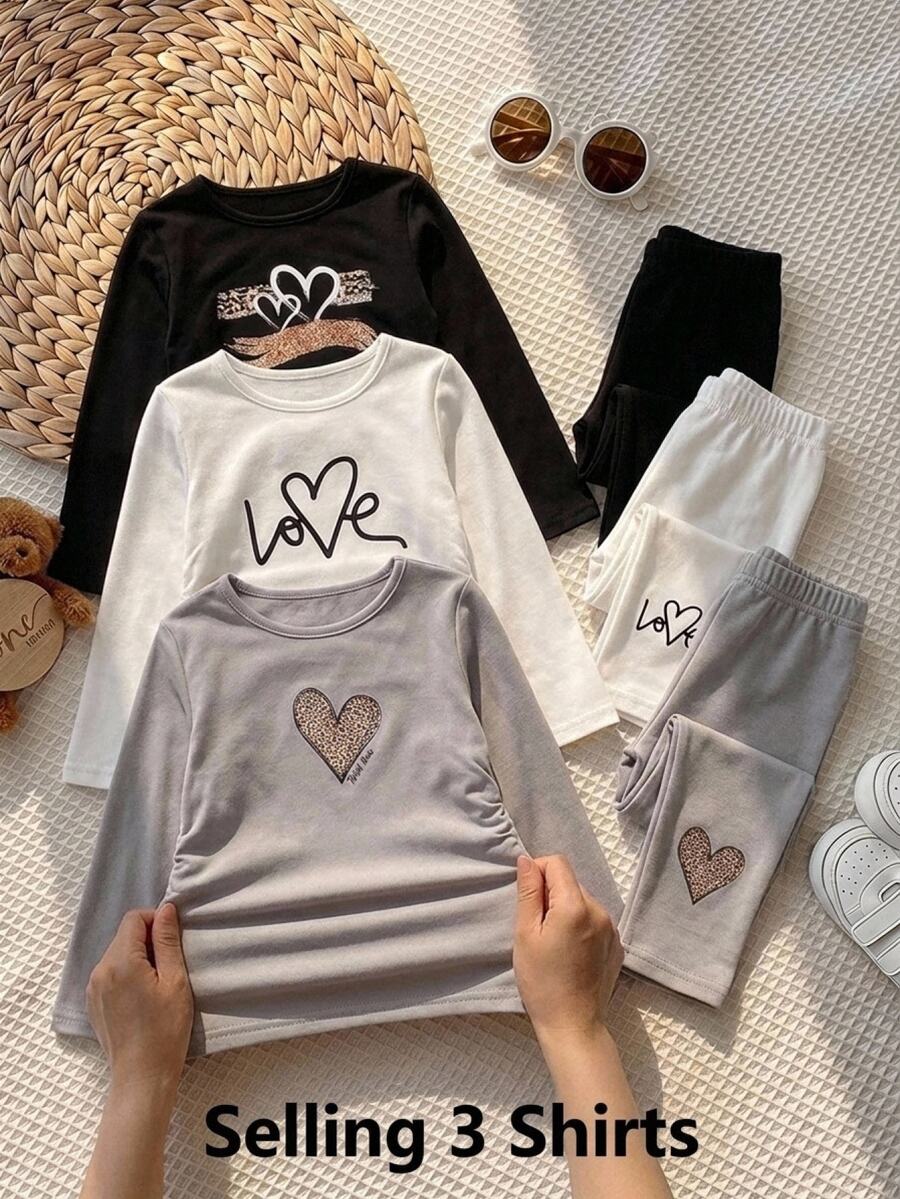 SHEIN Kids Young Girl 3pcs Knit Heart Pattern Long Sleeve Cropped Top, Women's Fitted Side Ruched Cropped T-Shirt, Multi-Color Set Casual Innerwear - Multicolor - View 1