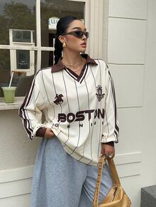 Muchica Casual Women's Plus Size Striped Drop Shoulder Long Sleeve T-Shirt Fall - Multicolor - View 7