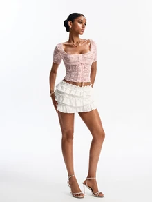 Joudiya Top corto de mujer de encaje para primavera y verano, de cuello cuadrado, manga corta, transparente, ajustado, elegante, para ir a trabajar, fiesta de moda, noche, baile, banquete de boda y Día de San Valentín - Rosa - Ver 3