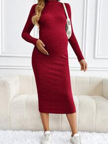 SHEIN Maternity Solid Color Ribbed Crew Neck Long Sleeve Dress, Elegant For Autumn And Winter, Fall Clothes - Rose Red - View 4