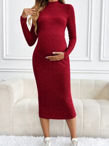SHEIN Maternity Solid Color Ribbed Crew Neck Long Sleeve Dress, Elegant For Autumn And Winter, Fall Clothes - Rose Red - View 3