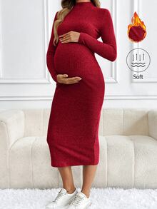 SHEIN Maternity Solid Color Ribbed Crew Neck Long Sleeve Dress, Elegant For Autumn And Winter, Fall Clothes - Rose Red - View 1