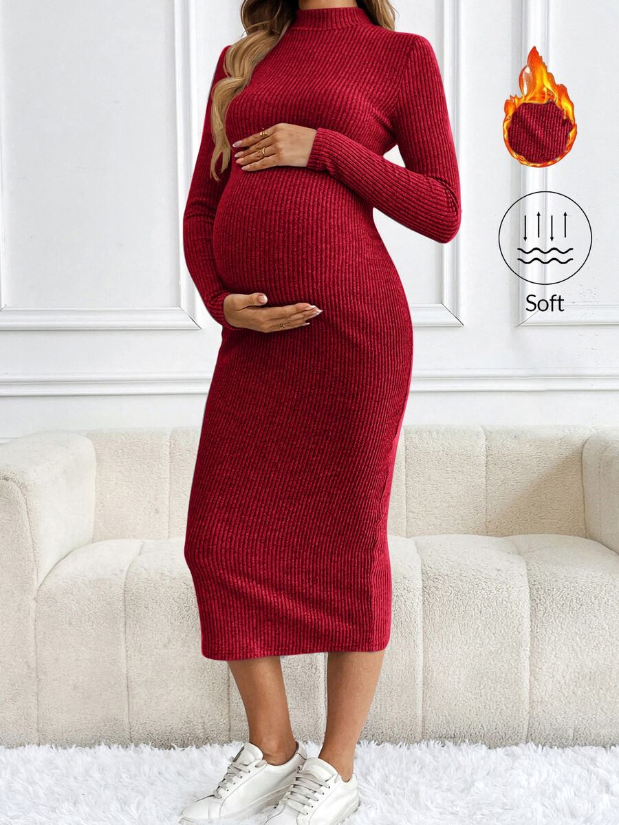 SHEIN Maternity Solid Color Ribbed Crew Neck Long Sleeve Dress, Elegant For Autumn And Winter, Fall Clothes - Rose Red - View 1