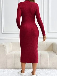 SHEIN Maternity Solid Color Ribbed Crew Neck Long Sleeve Dress, Elegant For Autumn And Winter, Fall Clothes - Rose Red - View 2