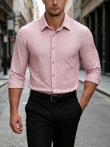 Calvornis Men's Pink Button-Front Casual Business Long Sleeve Shirt, Formal - Pink - View 4