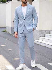 Manfinity Bizformal Men's Lapel Neck Long Sleeve Jacket And Pants Suit Set, Ceremony, Formal - Baby Blue - View 3