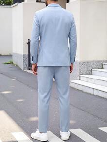 Manfinity Bizformal Men's Lapel Neck Long Sleeve Jacket And Pants Suit Set, Ceremony, Formal - Baby Blue - View 6