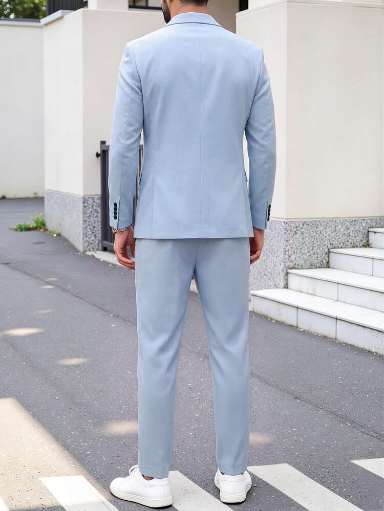 Manfinity Bizformal 男士翻領長袖夾克與長褲套裝，儀式、正式 - 淺藍色 - 查看 6
