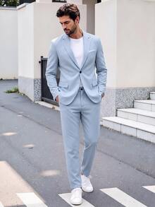 Manfinity Bizformal Men's Lapel Neck Long Sleeve Jacket And Pants Suit Set, Ceremony, Formal - Baby Blue - View 1