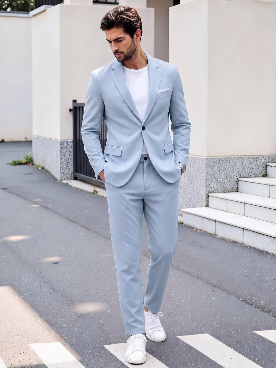 Manfinity Bizformal Men's Lapel Neck Long Sleeve Jacket And Pants Suit Set, Ceremony, Formal - Baby Blue - View 1