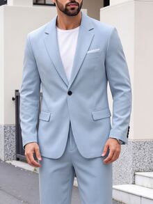 Manfinity Bizformal Men's Lapel Neck Long Sleeve Jacket And Pants Suit Set, Ceremony, Formal - Baby Blue - View 5