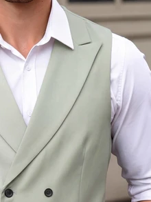 Manfinity Bizformal Men's Summer Business Commute Double-Breasted Lapel Collar Waistcoat, Ceremony, Formal - Green - View 6