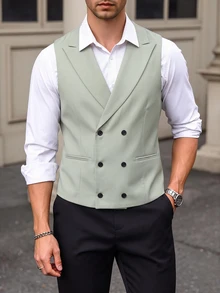 Manfinity Bizformal Men's Summer Business Commute Double-Breasted Lapel Collar Waistcoat, Ceremony, Formal - Green - View 4