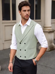Manfinity Bizformal Men's Summer Business Commute Double-Breasted Lapel Collar Waistcoat, Ceremony, Formal - Green - View 1