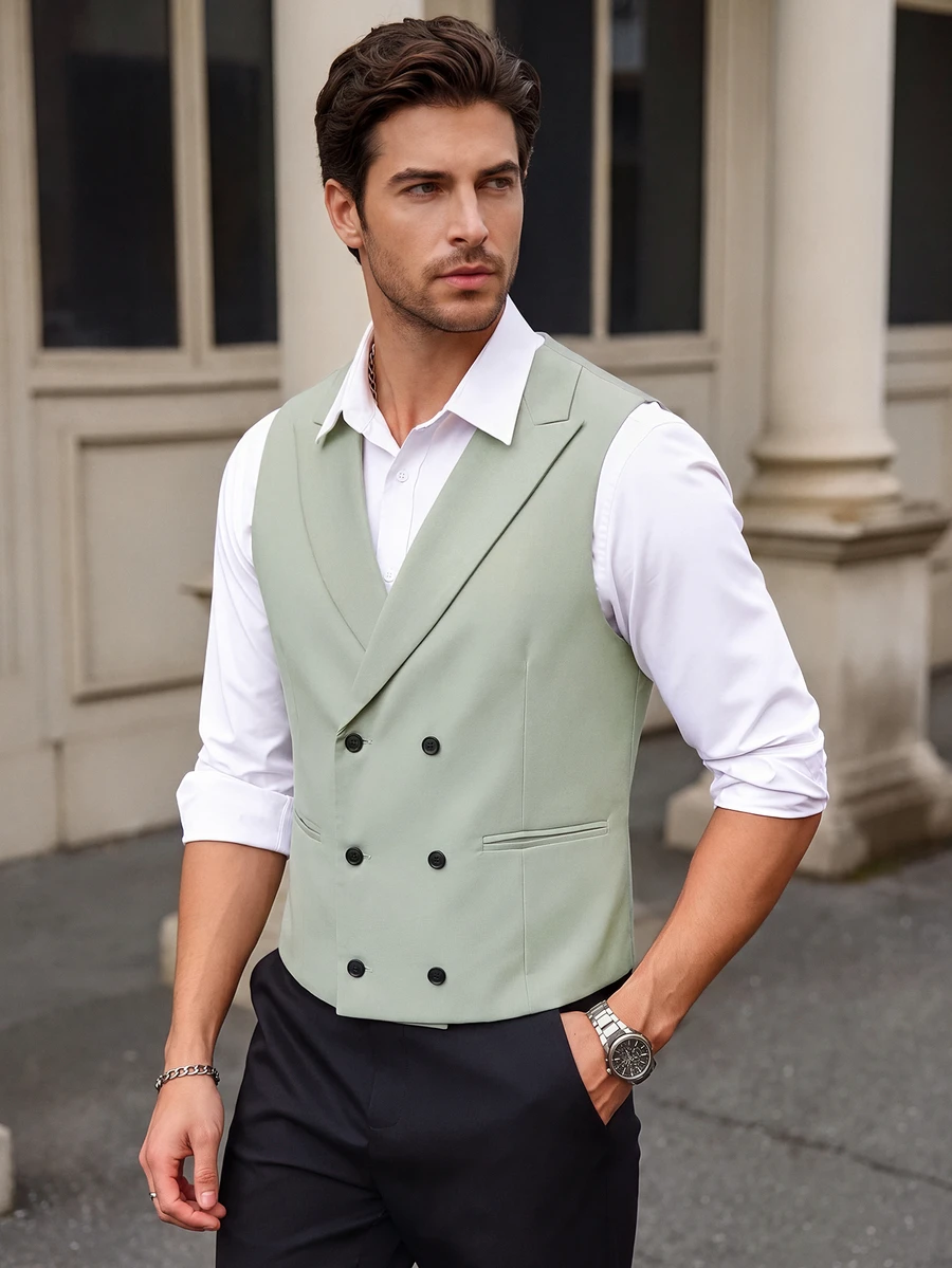 Manfinity Bizformal Men's Summer Business Commute Double-Breasted Lapel Collar Waistcoat, Ceremony, Formal - Green - View 1
