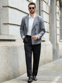 Manfinity Bizformal Men's Casual Commuter Striped Mandarin Collar Double-Breasted Suit Jacket, Autumn Sumwon Flannel - Grey - View 7