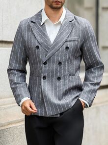 Manfinity Bizformal Men's Casual Commuter Striped Mandarin Collar Double-Breasted Suit Jacket, Autumn Sumwon Flannel - Grey - View 3