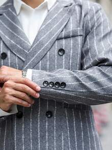Manfinity Bizformal Men's Casual Commuter Striped Mandarin Collar Double-Breasted Suit Jacket, Autumn Sumwon Flannel - Grey - View 5