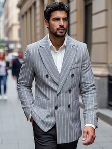 Manfinity Bizformal Men's Casual Commuter Striped Mandarin Collar Double-Breasted Suit Jacket, Autumn Sumwon Flannel - Grey - View 1