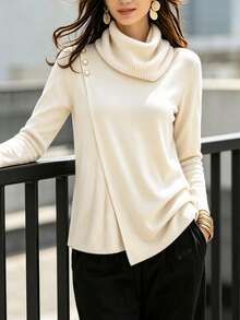 SHEIN Women's Soft Beige Ruched High Neck Long Sleeve Top, Asymmetrical Overlap Asymmetrical Hem, Shoulder Pearl & Metal Button Decor, Design-Focused Slim Fit Blouse, Elegant Lightweight Luxury, Flattering Versatile Commuter Inner Layer Or Outer Wear Pullover - Apricot - View 7