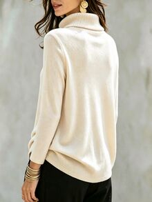 SHEIN Women's Soft Beige Ruched High Neck Long Sleeve Top, Asymmetrical Overlap Asymmetrical Hem, Shoulder Pearl & Metal Button Decor, Design-Focused Slim Fit Blouse, Elegant Lightweight Luxury, Flattering Versatile Commuter Inner Layer Or Outer Wear Pullover - Apricot - View 2