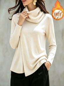 SHEIN Women's Soft Beige Ruched High Neck Long Sleeve Top, Asymmetrical Overlap Asymmetrical Hem, Shoulder Pearl & Metal Button Decor, Design-Focused Slim Fit Blouse, Elegant Lightweight Luxury, Flattering Versatile Commuter Inner Layer Or Outer Wear Pullover - Apricot - View 6