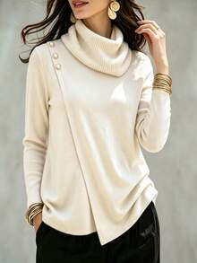 SHEIN Women's Soft Beige Ruched High Neck Long Sleeve Top, Asymmetrical Overlap Asymmetrical Hem, Shoulder Pearl & Metal Button Decor, Design-Focused Slim Fit Blouse, Elegant Lightweight Luxury, Flattering Versatile Commuter Inner Layer Or Outer Wear Pullover - Apricot - View 5