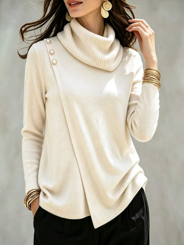 SHEIN 女款米色柔軟抓皺高領長袖上衣，不對稱疊層不對稱下擺，肩部珍珠與金屬鈕扣裝飾，設計感修身襯衫，優雅輕盈奢華，修飾身形百搭通勤內搭或外穿套頭衫 - 杏色 - 查看 5